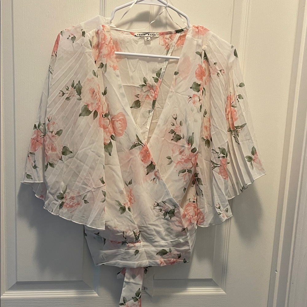 Haute Monde Floral Wrap Blouse - White and Pink